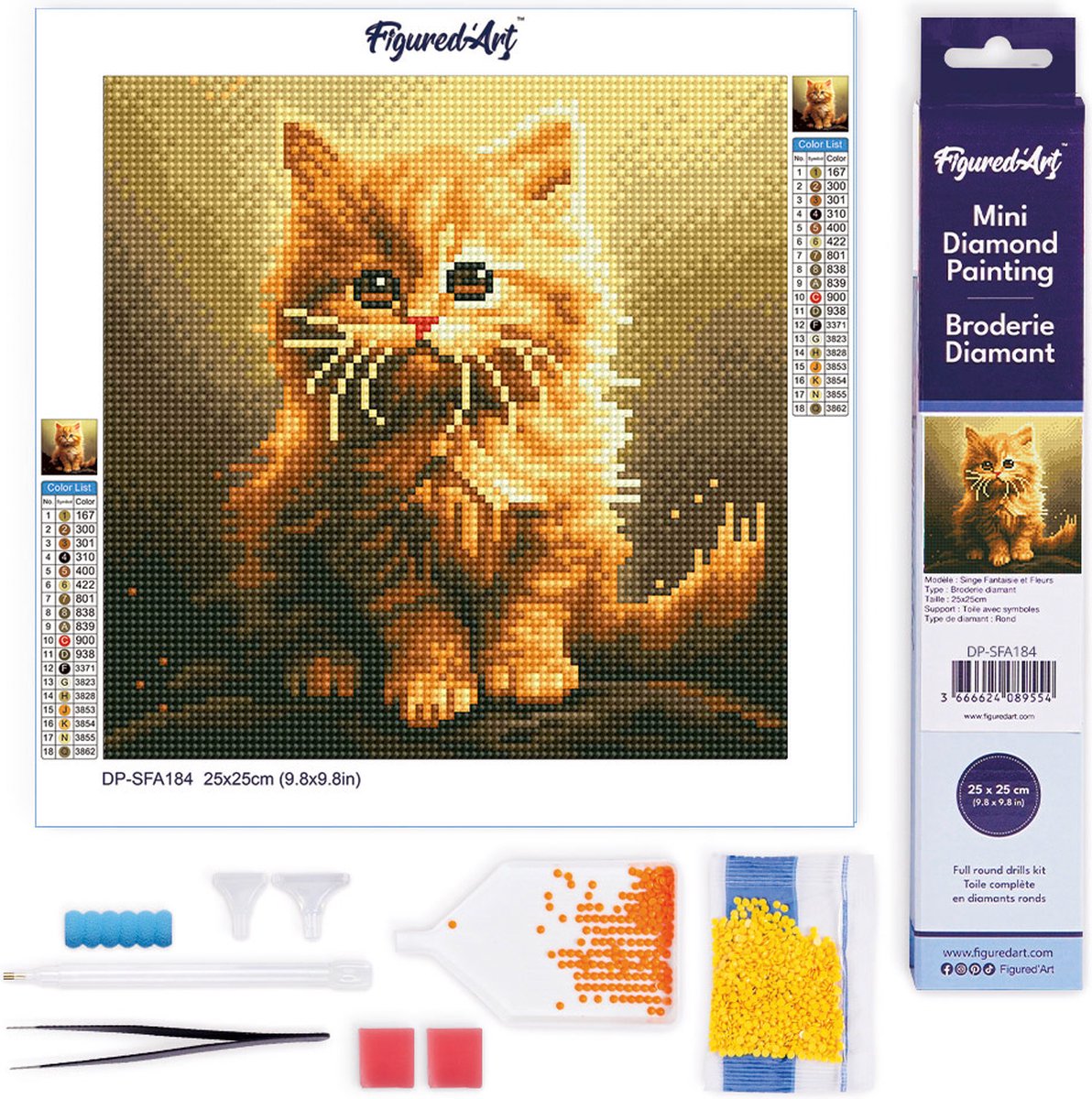 FiguredArt Mini Diamond Painting set Volwassenen 25x25 cm Pluizig Oranje Katje - 5D DIY Art full drill ronde diamant - Opgerold canvas